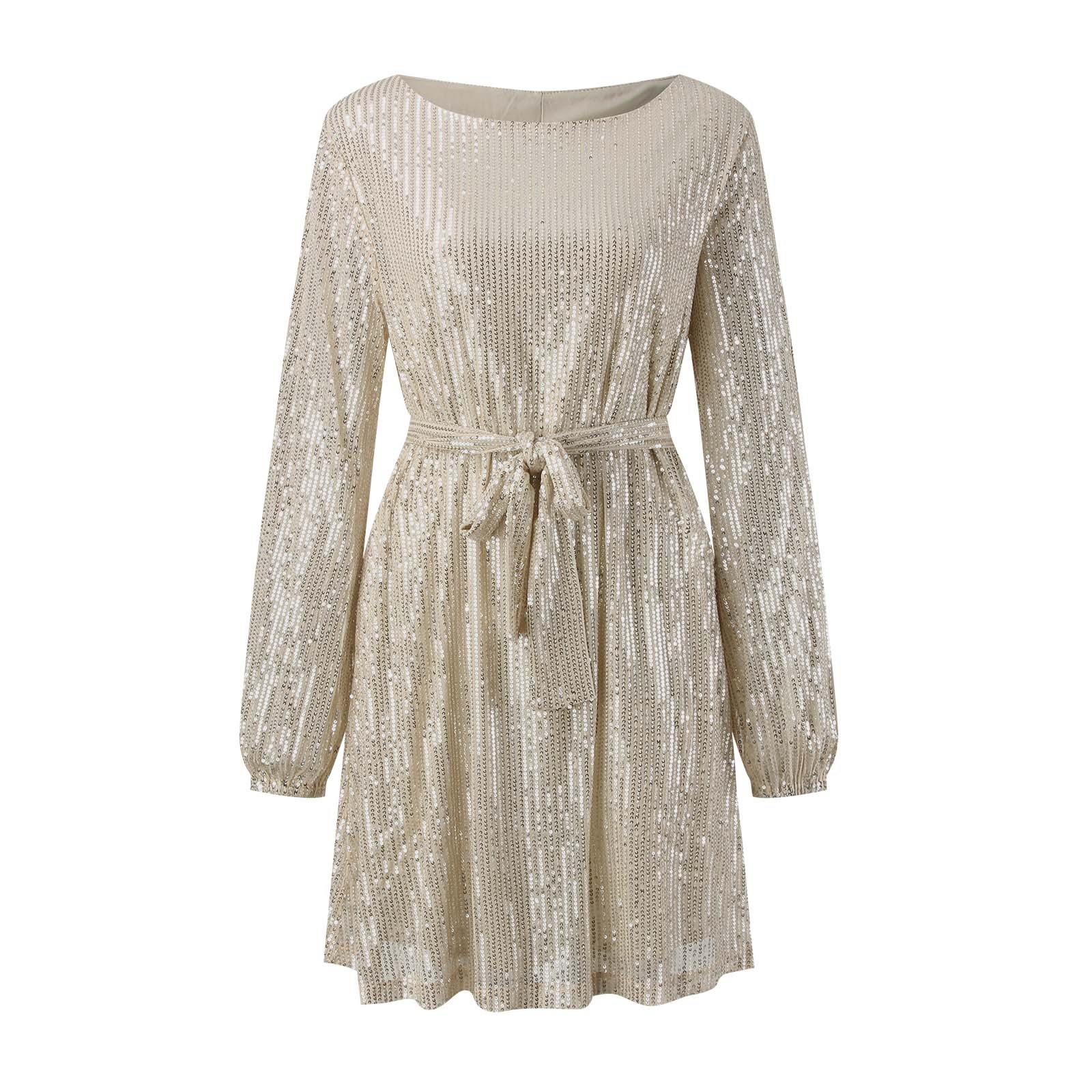 thumbnail image 4 of Mini vestido de lentejuelas de manga larga para mujer - Vestido de cóctel brillante y brillante, poliéster, cuello redondo, corte en A, 4 of 5
